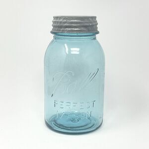 Vintage Blue Aqua Ball Perfect Mason Jar #0 Quart Zinc Lid 6.75”